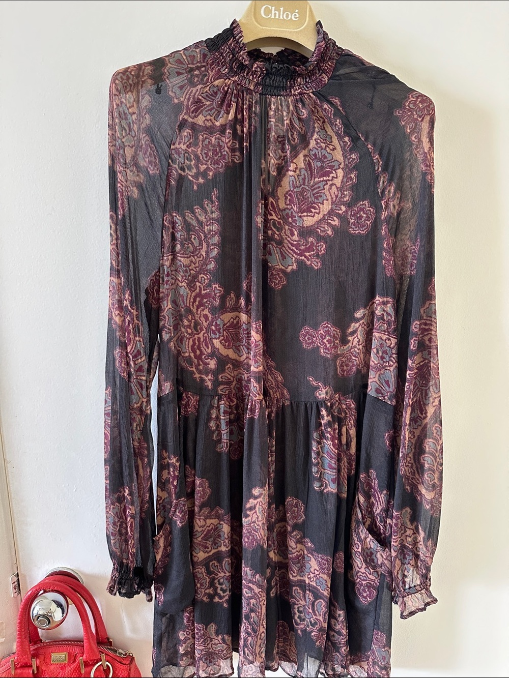 Free People Black Dress with Burgundy Paisley Print